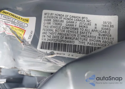 2023 Honda Civic Sport from USA, damaged, VIN 2HGFE2F52PH546803